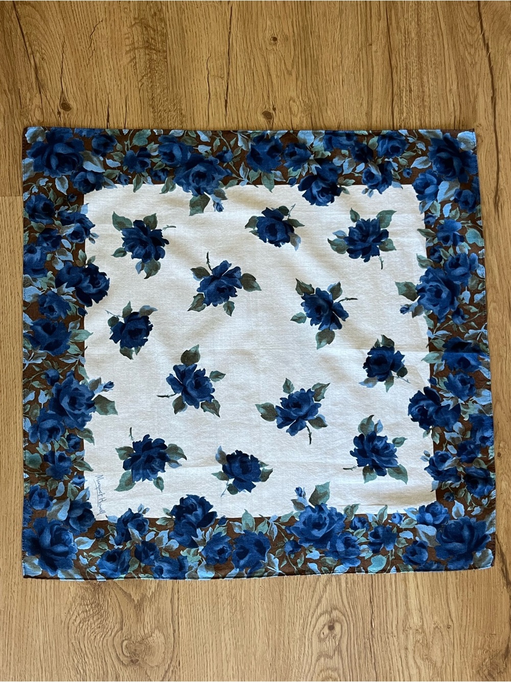 Margaret Howell Blue Rose Floral Cotton Scarf 17x18